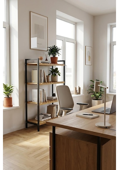 4 Katlı Metal Ofis Kitaplığı, Doğal Ahşap Raf, 4 Katlı Kitap Dosya Rafı - Depo, Arşiv, Siyah