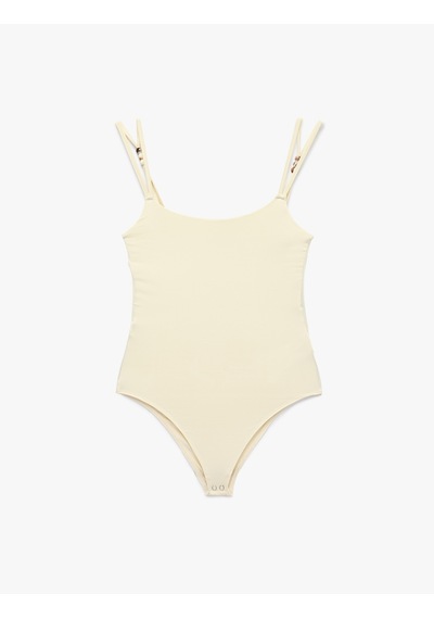 Koton Slim Fit U Yaka Boncuklu Askılı Bodysuit Ekru 6sak10415ek
