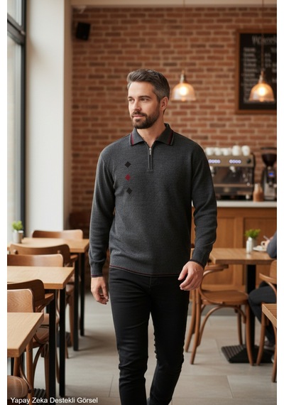 Kamalı Erkek Gri Tüylenme Yapmayan Standart Fit Normal Kesim Nakış Desen Polo Yaka Triko Kazak Kamalı Erkek Gri Tüylenme Yapmayan Standart Fit Normal Kesim Nakış Desen Polo Yaka Triko Kazak