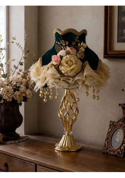 Hürrem Yeşili Kadife Kaplı Çiçek Süslemeli Başlık Gold Metal Burgu Ayaklı Klasik Abajur 50x30cm Yeşil