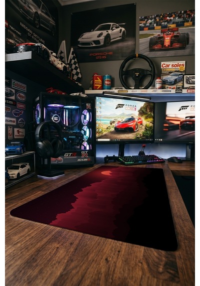 Kızıl Ay Dağlar Gaming Mousepad Xxl 90x40 Cm Kaymaz Taban Dikişli Kenar Kırmızı Siyah Oyuncu Masa Pedi