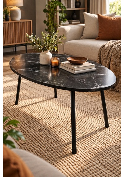 Sulorahome Siyah Oval Orta Sehpa Metal Ayaklı