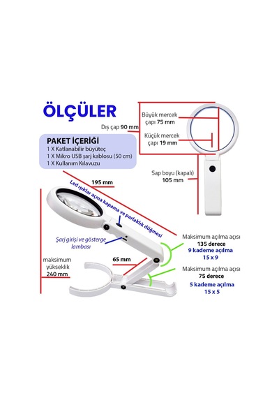 Upway 8 Led'li Şarjlı Profesyonel 5x/11x Katlanabilir Büyüteç - El Ve Masaüstü Çift Mercek Büyüteç