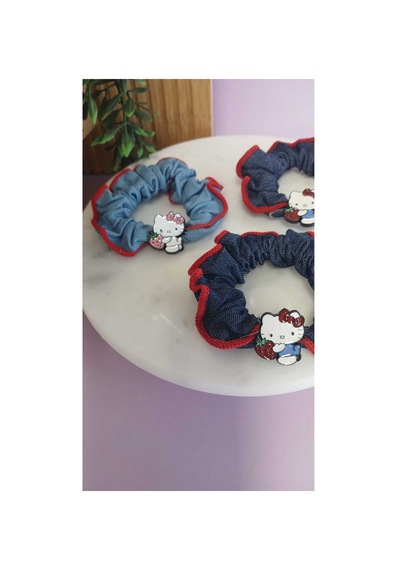 Hello Kitty Figürlü Scrunchie Lastik Toka Denim Kumaş Şık Saç Aksesuarı 1 Adet Lacivert