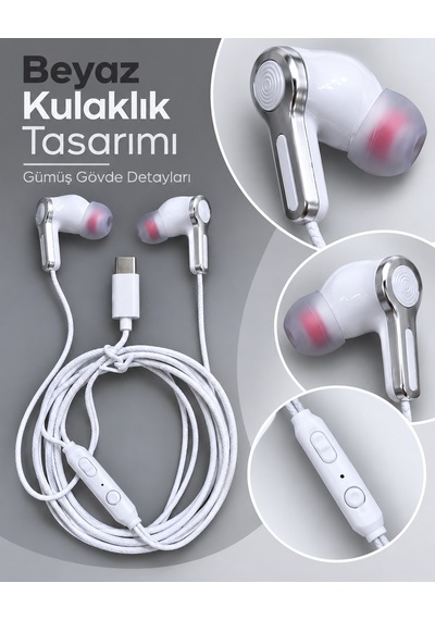 Gümüş Detaylı Silikon Başlıklı Type C Kablolu Kulaklık