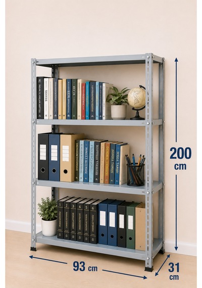 4 Katlı Çelik Raf Sistemi, Depo, Arşiv, Kiler, Dosya, Market, Çiçek, Ayakkabı Rafı 31x93x200 Cm Kalınlığı: 0,70 Mm Gri