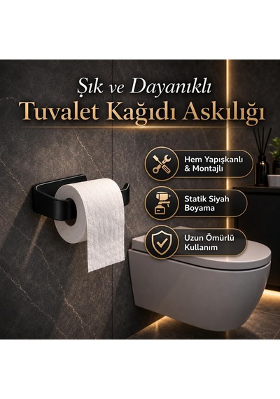 Alper Banyo Siyah Lamalı Tuvalet Kağıtlığı, Hem Yapışkanlı Hem Vidalı Montajlı Wc Kağıt Askılığı, Açı Diğer