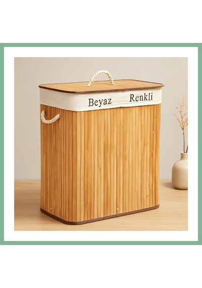 Bşkvirgo Bambu Ahşap 2 Bölmeli Çamaşır Sepeti 52x32x62 Cm Bsk2026 Çok Renkli