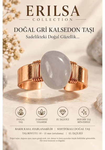 Sertifikalı Gri Kalsedon Taşı Yüzük Bakır Kasa Ayarlanabilir El İ Çok renkli