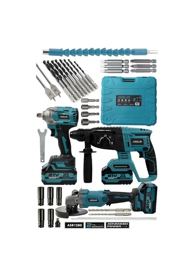 Assur 21V 3 Lü Set Şarjlı Kırıcı Delici Hilti + Taşlama Makinesi + Somun Sıkma Makinesi - 3007