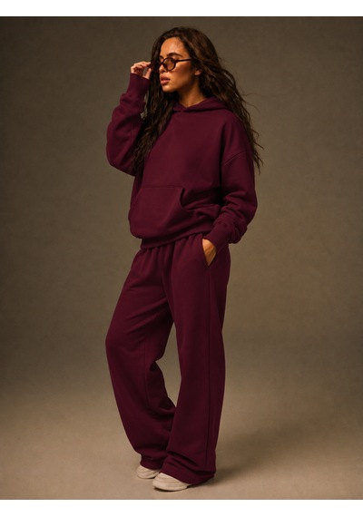 Macklin Unisex Kadın Erkek Baskısız Sweatshirt Oversize 3 İplik Kapüşonlu Hoodie Ve Baggy Eşofman Altı Bordo