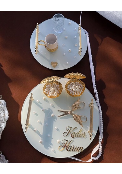 Beloved Gold Beyaz İncili Söz Tepsisi Nişan Tepsisi Ve Damat Kahve Fincan Tepsisi Gri Gri