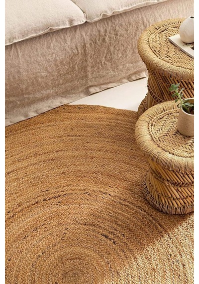 Digithome Jüt Hasır Yuvarlak Oturma Odası Yatak Odası Natural Halı 120 Cm Kahverengi