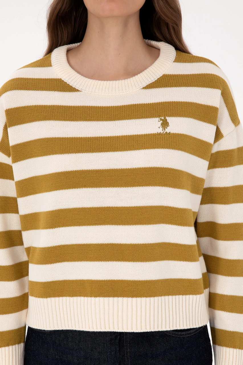 U.S. Polo Assn. Kadın Krem Çizgili Bisiklet Yaka Kazak 50314653-VR071