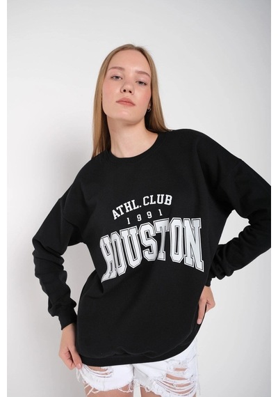 Startmore Kadın Gri Houston Baskılı Bisiklet Yaka Oversize Sweatshirt Mdgnhouston Siyah
