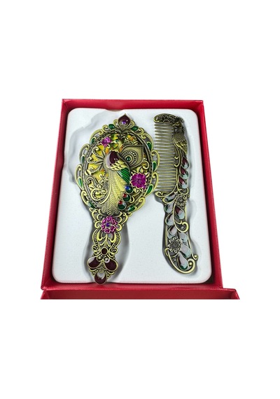 Tavus Kuşu Desenli Vintage Ayna Tarak Seti Özel Tasarım Ve Özel Kutulu 13,5 Cm & 13 Cm Altın
