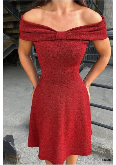 Lior Design Kadın Tasarım Madonna Yaka Şık Abiye Elbise Kırmızı