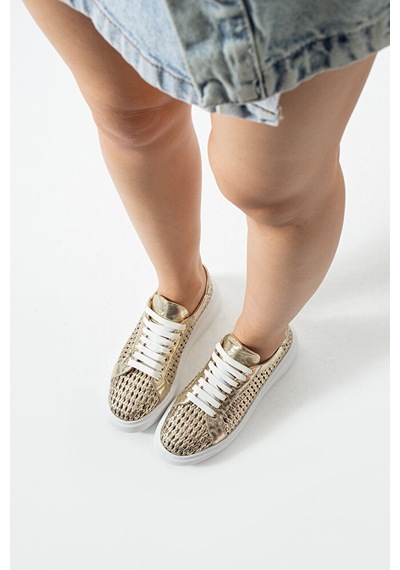 Dericia Shoes Glow Hakiki Deri Kadın Günlük Örgülü Sneaker Ayakkabı Altın