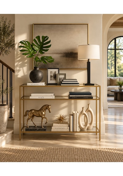 Teknor Gold Metal Üç Katlı Şeffaf Cam 100cm Dresuar Modern Salon Ve Antre Konsolu
