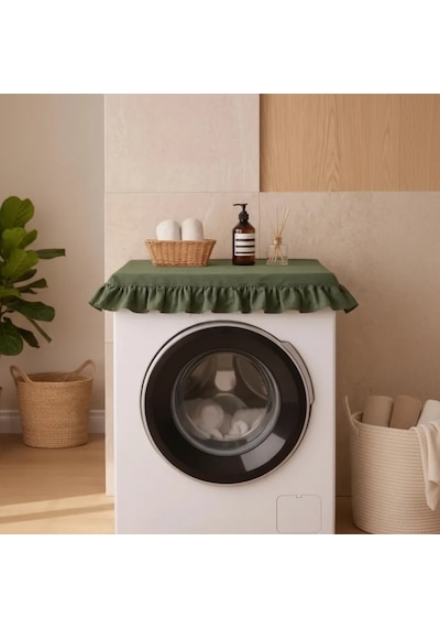 Fırfırlı Çamaşır Makinesi Örtüsü - Çeyizlik Dekoratif Banyo Makine Kılıfı- Haki