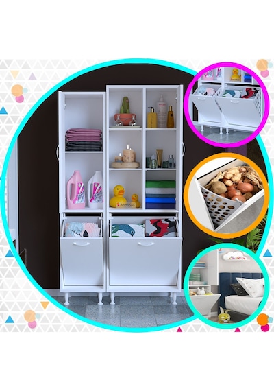 Alaçatı Inci 92X165 Cm 3 Kapaklı Kirli Çamaşır Sepetli Banyo Dolabı Çok Renkli
