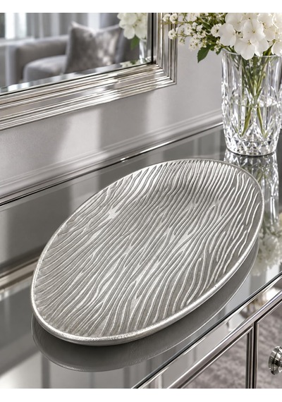 Oval Gümüş Dekoratif Tepsi, Dalgalı Dokulu Metal Sunum Tepsisi Diğer