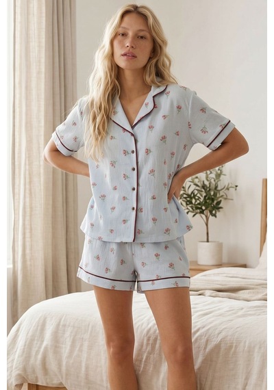 Siyah İnci Fırfırlı Bürümcük-krınkıl Kısa Kollu Düğmeli Şortlu Pijama Takım 8008 Mavi Lale