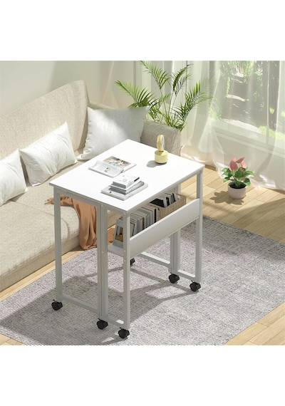 Sidney Kitaplık Raflı Katlanır Masa 70 Cm Tekerli Bilgisayar Masası Laptop Masası Beyaz Beyaz - Beyaz