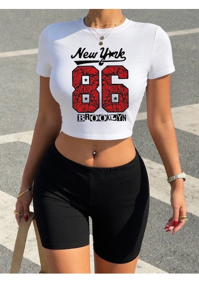 Tarzsokak Yaz New York Brooklyn 86 Baskı Kırpma T-shirt Şort Kadın İki Adet Set Üstleri Pantolon Yüksek Beyaz Tarzsokak Yaz New York Brooklyn 86 Baskı Kırpma T-shirt Şort Kadın İki Adet Set Üstleri Pantolon Yüksek Beyaz