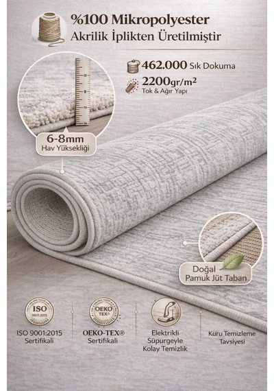 Modern Gri Soyut Desen Hav Yüksekliği 2200gr/m² 462.000 Sık Dokuma Pamuk Jüt Taban Salon Halısı
