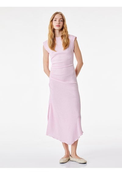 Koton Drape Detaylı Asimetrik Kesim Bisiklet Yaka Kolsuz Midi Elbise Pembe 6sal80121ık Gül