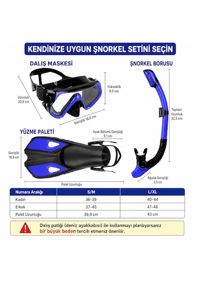 Hpytech Ayarlanabilir Şnorkel Seti Dalış Maskesi Palet Ve Kuru Şnorkel Takımı Yetişkin Deniz Havuz Seti S-m / L-xl Mavi-Siyah