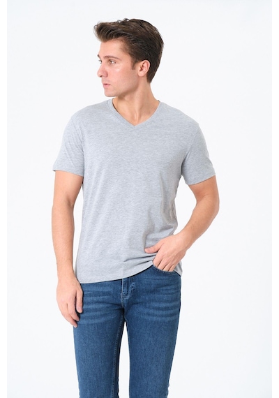 Rich Erkek V Yaka %100 Pamuk Kısa Kollu Gri T-shirt Basic Erkek Tişört Gri