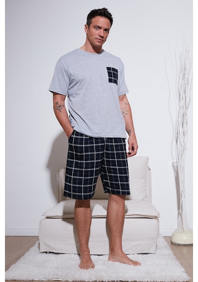 Buratti Kareli Regular Fit Pamuklu Bisiklet Yaka Kısa Kollu Şortlu Erkek Pijama Takımı 6572020 Gri Melanj