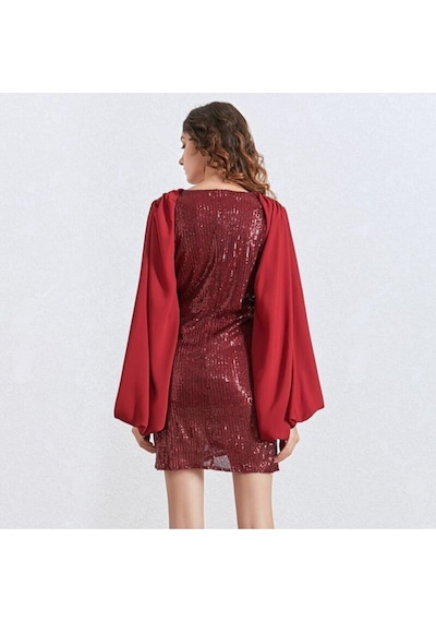 Fashion Cocktail Payetli Pullu Balon Şifon Kol Yuvarlak Yaka Mini Düğün Nişan Davet Abiye Elbise Kırmızı Fashion Cocktail Payetli Pullu Balon Şifon Kol Yuvarlak Yaka Mini Düğün Nişan Davet Abiye Elbise Kırmızı