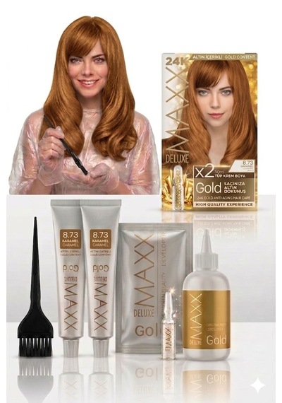 Maxx Deluxe Golden Beauty Set Saç Boyası 8.73 Karamel 2li + Fırça+pratik Boya Kabı