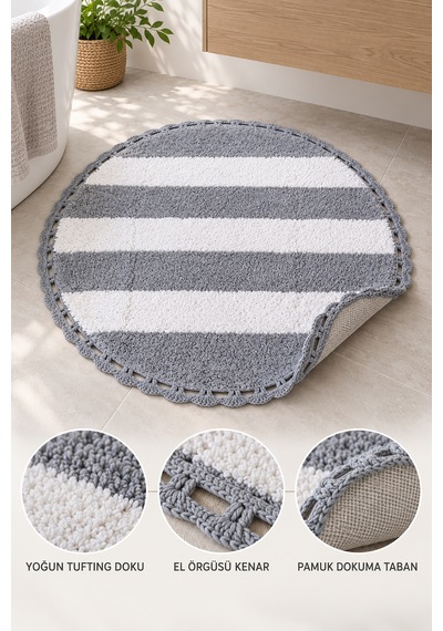 Alanur Bodrum Tufting Cotton Pamuklu El Işi Örgülü 90 X 90 Cm Paspas 112 Beyaz - Gri