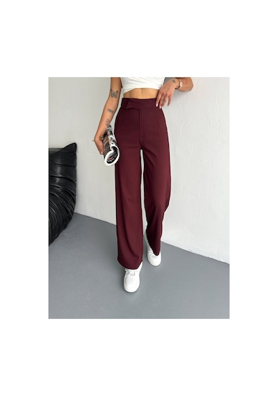 Gugus Kadın Cepsiz Dokuma Kumaş Pantolon Beli Cırtlı Bol Paça Wide Leg Model Bordo