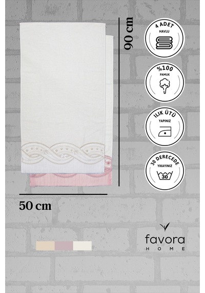 %100 Pamuk Fiyonk Güpürlü Çeyizlik 4'lü Havlu 50x90 - Krem - Pudr Krem - Pudra
