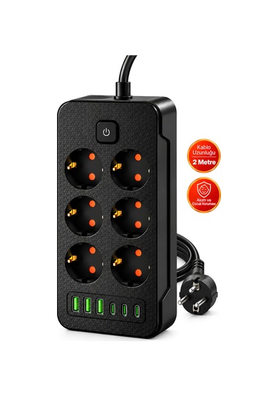 Castu Ls J06 12'si 1 Arada Akım Korumalı Priz 6 Çoklu Soket 3 Usb 3 Type-c 2500w Çocuk Korumalı Kapaklı Uzatma Kablolu Grup Priz 2M