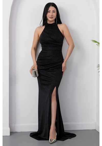 Kalopya Halter Yaka Yırtmaçlı Simli Elbise Drp0013 Siyah