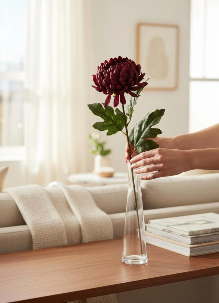Yapay Çiçek Krizantem Bordo 90cm Tek Dal Kumaş Çiçek Uzun Dal Bordo