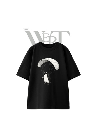 Thewert Penguin Parachute Tasarım Baskılı Ünisex Siyah Oversize T-shirt