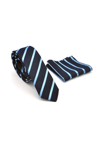 Gaffy Mavi Verev Çizgili Lacivert Dokuma Kumaş Mendilli Slim Fit Kravat Lacivert - Mavi