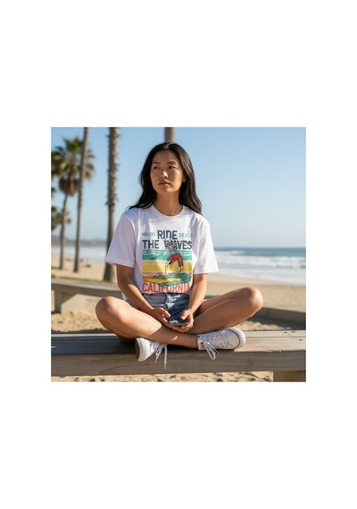 Urbantrendstore Unisex Kaliforniya Tatil Oversize Fit Rahat Geniş Salaş T-shirt Günlük Tişört Beyaz