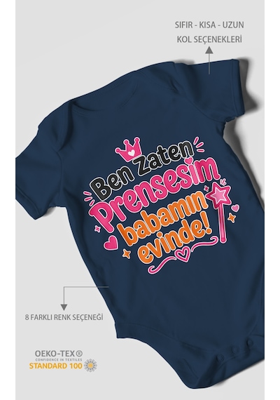 Morivokids Ben Zaten Prensesim Babamın Evinde Kısa Kollu Bebek Body %100 Pamuk Lacivert