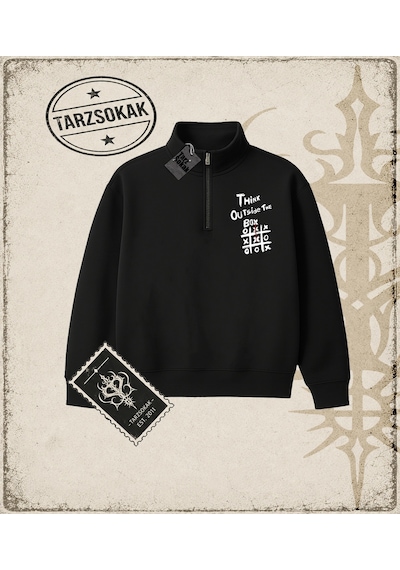 Tarzsokak Gotik & Grunge Streetwear Thınk Outsıde The Box Yarım Fermuarlı Sweatshirt Siyah