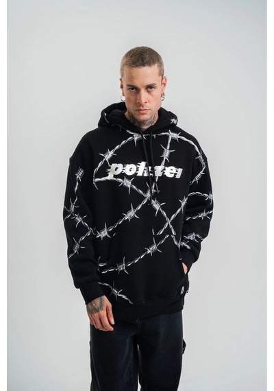 Erkek Kapüşonlu Varak Ve Pano Baskılı Hoodie Sweatshirt- Siyah