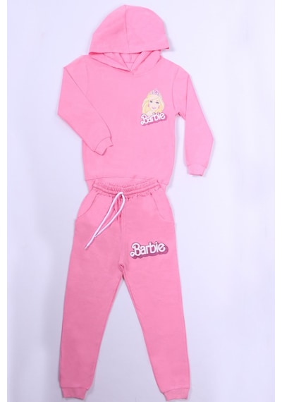 Kız Çocuk Eşofman Takımı Barbie Baskılı Kapşonlu B57 Pembe