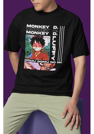 Sevbano Tasarım Monkey D. Luffy Gear 5 Baskılı Unisex Oversize Anime Dizi Siyah